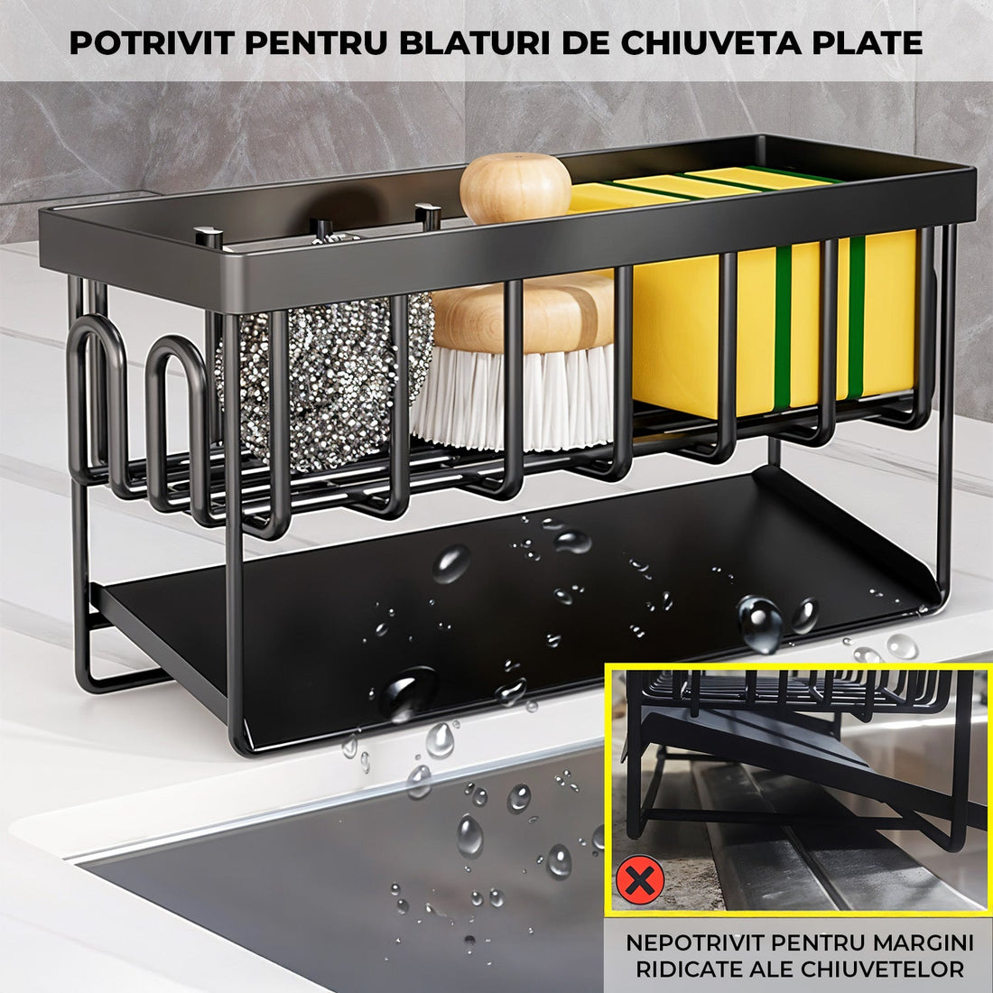 Scurgere Tacamuri cu Scurgere Automata Elindor®, Suport pentru Chiuveta, Bureti, Perii, Lavete, Detergent, Sticle, Cutii Inox, Cu Suport Prosop, Montaj Pe Blat Sau Perete, Metal Durabil 30,5×9×11 cm, Negru