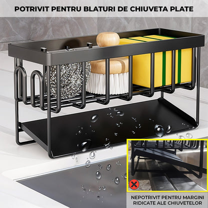 Scurgere Tacamuri cu Scurgere Automata Elindor®, Suport pentru Chiuveta, Bureti, Perii, Lavete, Detergent, Sticle, Cutii Inox, Cu Suport Prosop, Montaj Pe Blat Sau Perete, Metal Durabil 30,5×9×11 cm, Negru