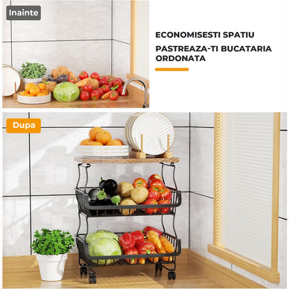 Organizator Bucatarie 5 Nivele Elindor® tip Carucior cu Roti, Ajustabil, Multifunctional, Raft Mobil Organizare Baie, Camara, Birou, Bar, Dulap Metalic pentru Depozitare Legume, Fructe, Detergenti, Parfumuri, 4x Cutie Detasabila, 41 x 29 x 94 cm, Negru