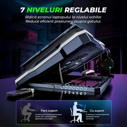 Suport Racire Elindor® Cu Ventilator Turbo Puternic, 10 Efecte RGB, Afisaj LCD, 7 Trepte Reglaj Inaltime, Negru