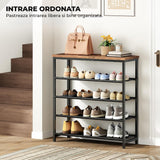 Organizator pentru Pantofi Elindor® Pantofar cu 5 Nivele Mari, Fara Gauri, Suport Metalic si MDF pentru Papuci, Dulap Hol, Dormitor, Economisire Spatiu, Depozitare Incaltaminte, 75 x 30 x 90 cm, Negru/Maro