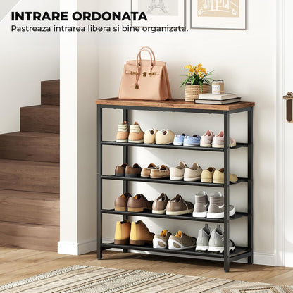 Organizator pentru Pantofi Elindor® Pantofar cu 5 Nivele Mari, Fara Gauri, Suport Metalic si MDF pentru Papuci, Dulap Hol, Dormitor, Economisire Spatiu, Depozitare Incaltaminte, 75 x 30 x 90 cm, Negru/Maro
