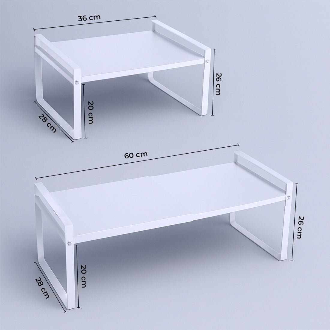 Raft Elindor® din Inox, Extensibil pentru Bucatarie, Organizator Metalic Reglabil, Ideal ca Etajera Depozitare in Camara sau Birou, Perfect pentru Condimente, Vesela, Farfurii, Stabil si Compact, Polita pentru Obiecte Diverse, 36-60x26x28 cm, Alb