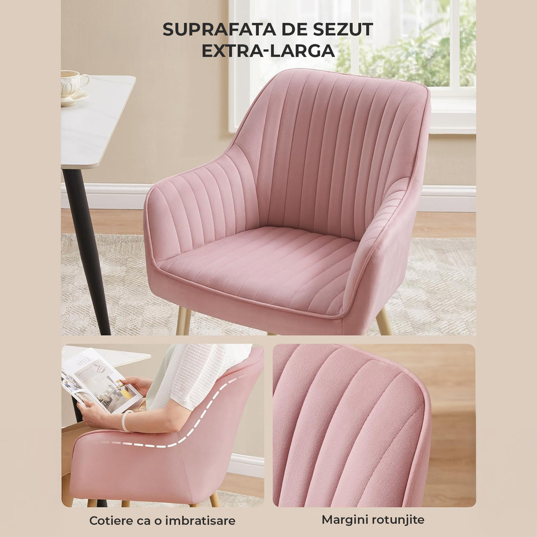 Set 2 Scaune Elindor® Ergonomice, Design Contemporan, Scaun cu Spatar si cu Manere, din Catifea cu Picioare Metalice Aurii, Potrivite pentru Living, Bucatarie, Birou, Dormitor, Latime Sezut 49 cm, 55.5 x 43 x 83 cm, Roz