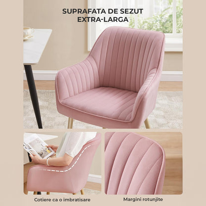 Set 2 Scaune Elindor® Ergonomice, Design Contemporan, Scaun cu Spatar si cu Manere, din Catifea cu Picioare Metalice Aurii, Potrivite pentru Living, Bucatarie, Birou, Dormitor, Latime Sezut 49 cm, 55.5 x 43 x 83 cm, Roz