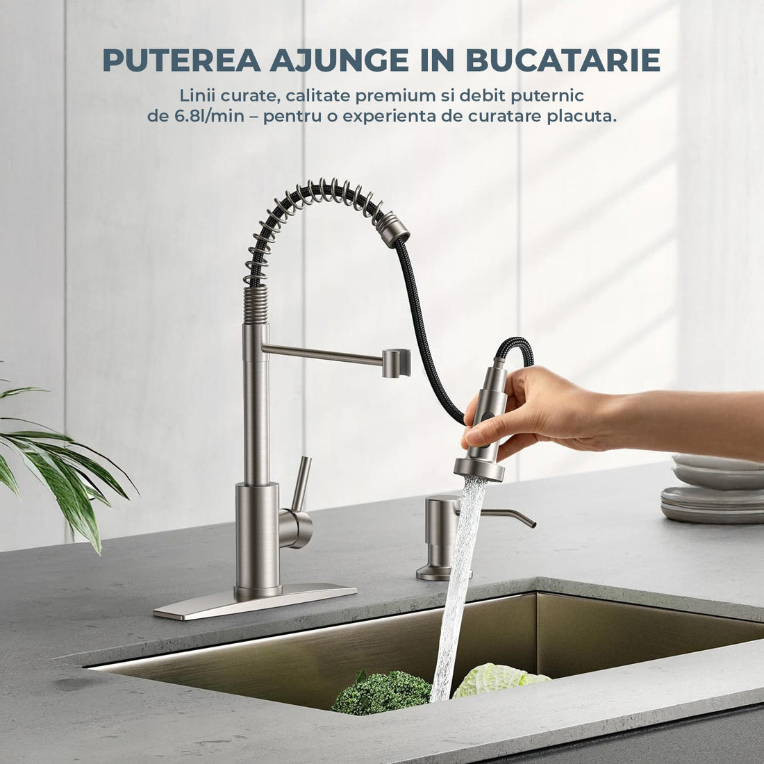 Baterie Bucatarie Elindor®, Robinet Profesional cu Pipa Flexibila, Cap de Dus cu 2 Functii, Jet Reglabil, Montaj Simplu, Rezistenta La Coroziune, Otel Inoxidabil, Chrom