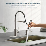 Baterie Bucatarie Elindor®, Robinet Profesional cu Pipa Flexibila, Cap de Dus cu 2 Functii, Jet Reglabil, Montaj Simplu, Rezistenta La Coroziune, Otel Inoxidabil, Chrom