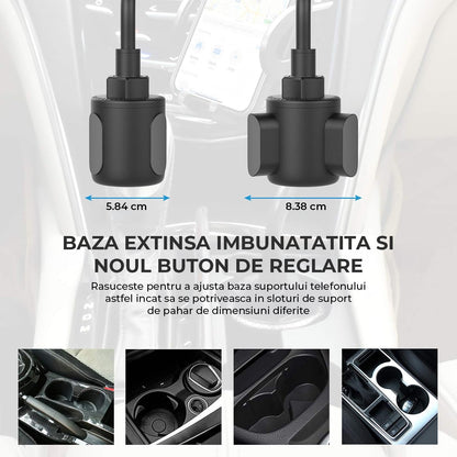 Suport Telefon Auto Elindor® Universal pentru Suport Pahar, Brat Reglabil, Rotire 360°, Accesoriu Masina, Negru