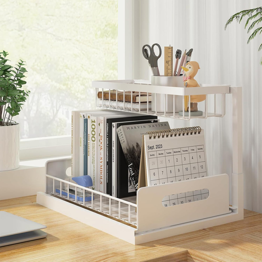 Organizator Multifunctional Elindor® 2 Nivele, pe Blat / in Dulap sub Chiuveta, Sertar Glisant, Suport Metalic Organizare, Ideal pentru Bucatarie, Baie, Camara, Bar, Raft cu Sertare Depozitare Legume, Fructe, Detergenti, Parfumuri, 36 x 27 x 28.5, Alb