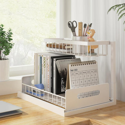 Organizator Multifunctional Elindor® 2 Nivele, pe Blat / in Dulap sub Chiuveta, Sertar Glisant, Suport Metalic Organizare, Ideal pentru Bucatarie, Baie, Camara, Bar, Raft cu Sertare Depozitare Legume, Fructe, Detergenti, Parfumuri, 36 x 27 x 28.5, Alb