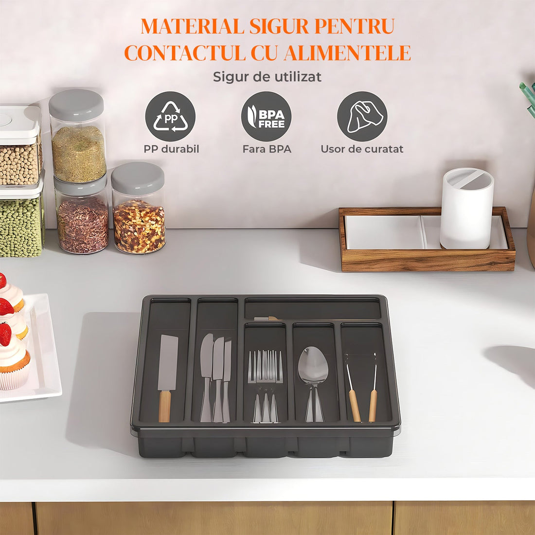 Organizator pentru Tacamuri Negru Elindor® Ustensile de Bucatarie, 6 Compartimente Depozitare, Suport pentru Cutite, Linguri, Furculite, Accesorii Bucatarie, Separator Sertar, 33x30x5.3 cm, PP fara BPA
