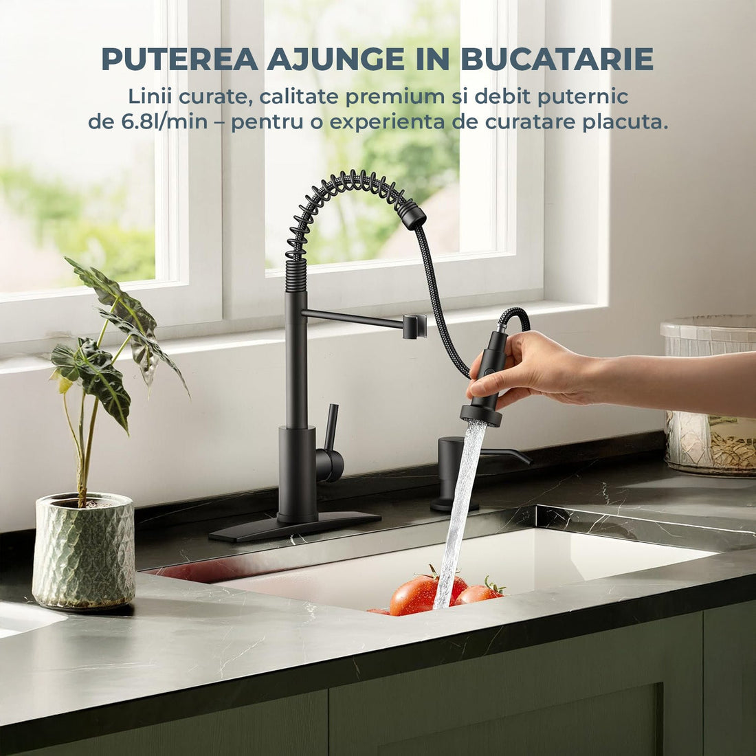 Baterie Chiuveta Bucatarie Neagra Elindor®, Robinet de Apa Lavoar, Modern cu Pipa Flexibila, Cap Dus Extractabil cu Doua Functii, Jet Reglabil, Monocomanda, Rotativ 360°, Otel Inoxidabil, Finisaj Mat