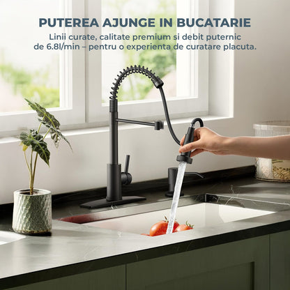Baterie Chiuveta Bucatarie Neagra Elindor®, Robinet de Apa Lavoar, Modern cu Pipa Flexibila, Cap Dus Extractabil cu Doua Functii, Jet Reglabil, Monocomanda, Rotativ 360°, Otel Inoxidabil, Finisaj Mat