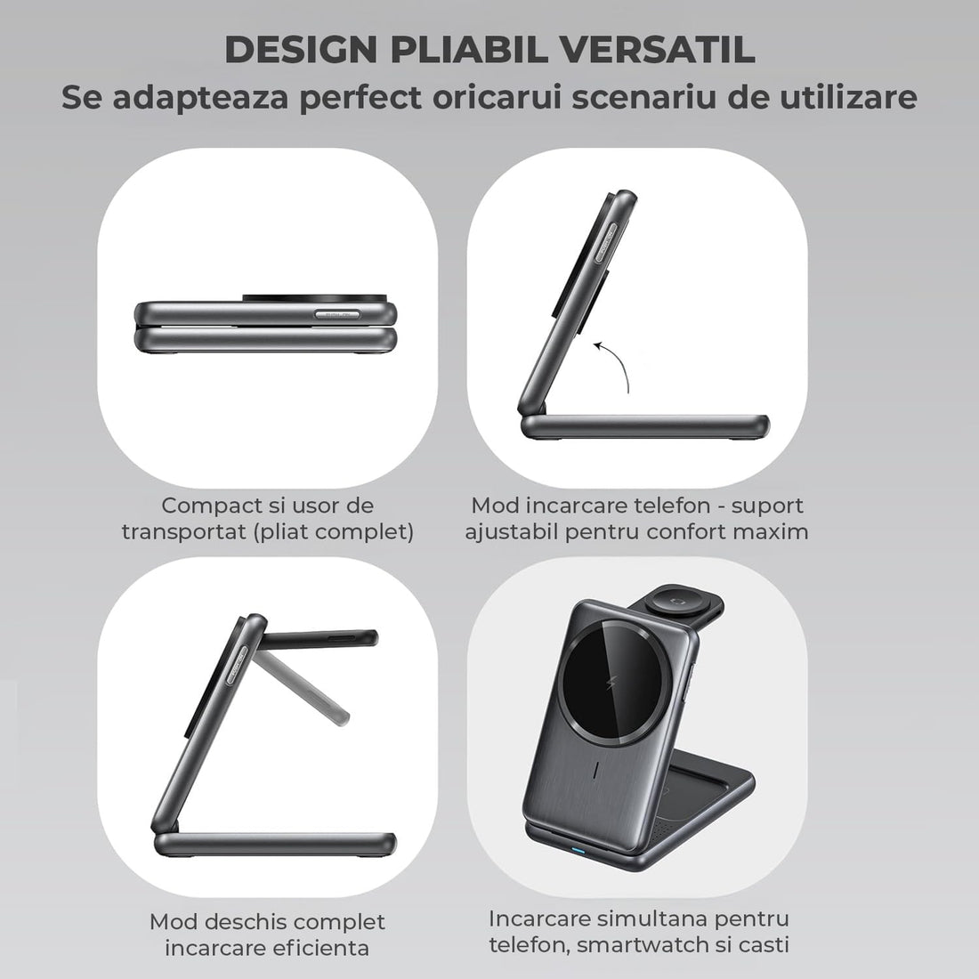 Incarcator Wireless 3-in-1 Elindor® Pliabil, Fast Charge 15W, Compatibil iPhone, Apple Watch, AirPods, Negru