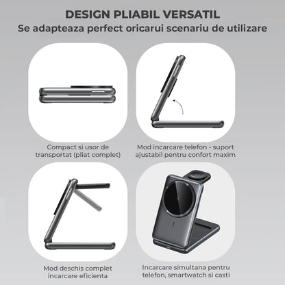 Incarcator Wireless 3-in-1 Elindor® Pliabil, Fast Charge 15W, Compatibil iPhone, Apple Watch, AirPods, Negru