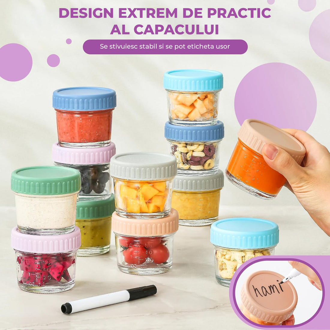 Set 12 Recipiente Elindor® pentru Hranire Bebelusi, pentru Diversificare, Hranire si Alaptare, Ideale pentru Lapte Praf, Sticle pentru Mancare, din Sticla, fara BPA, 6 x 6.2 cm, Multicolor