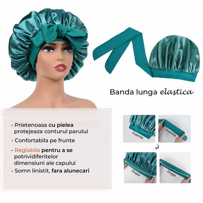 Boneta Satin Dubla Elindor® Pentru Protectia Parului, Banda Reglabila, Albastru Marin