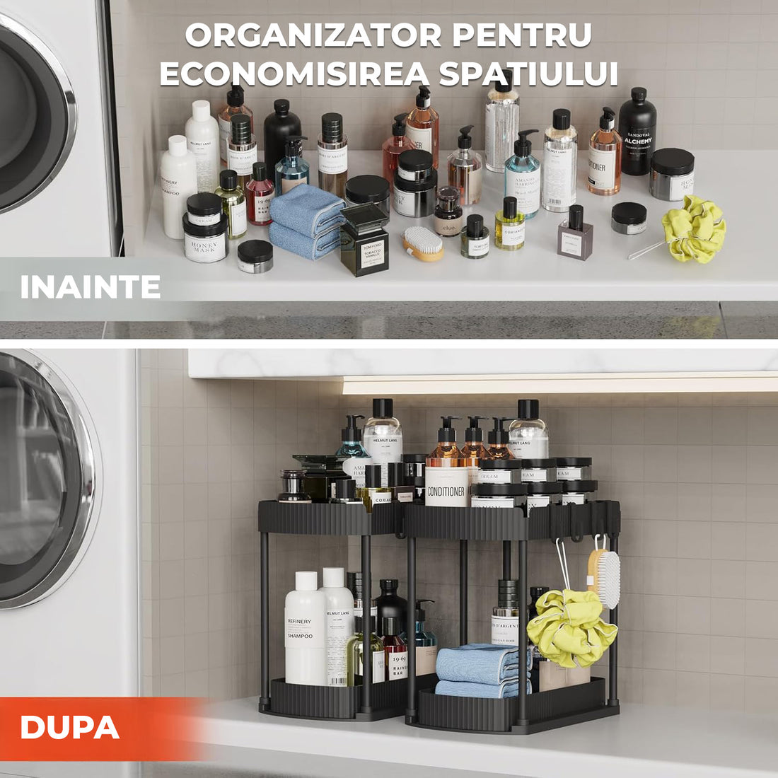 Set 2 Organizatoare Elindor® cu 2 Nivele, Recipient de Depozitare Multifunctional si Glisant, Organizator pentru Dulapul de sub Chiuveta din Baie si Bucatarie, 20.3 x 38 x 32.5 cm, Negru