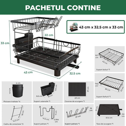 Scurgator Vase Etajat Elindor®,  Suport Uscat Vesela Pentru Chiuveta, Uscator Ideal pentru Farfurii, Tacamuri, Capace, Tigai, Pahare, Tava din Plastic cu Scurgere Automata, Organizator Metalic Bucatarie Multifunctional, 43.5 x 33 x 11 cm, Negru