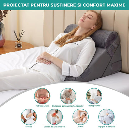 Set 3 Perne Ortopedice Elindor® pentru Pat, Perna Spuma cu Memorie, Hipoalergenica, Suport Spate, Picioare, Genunchi, Post-Operator, Anti-Reflux, Antisforait, Antirid, Hipoalergenic Huse Bumbac Aspect Catifea, Pliabile, Reglabile 23-30 cm, Gri