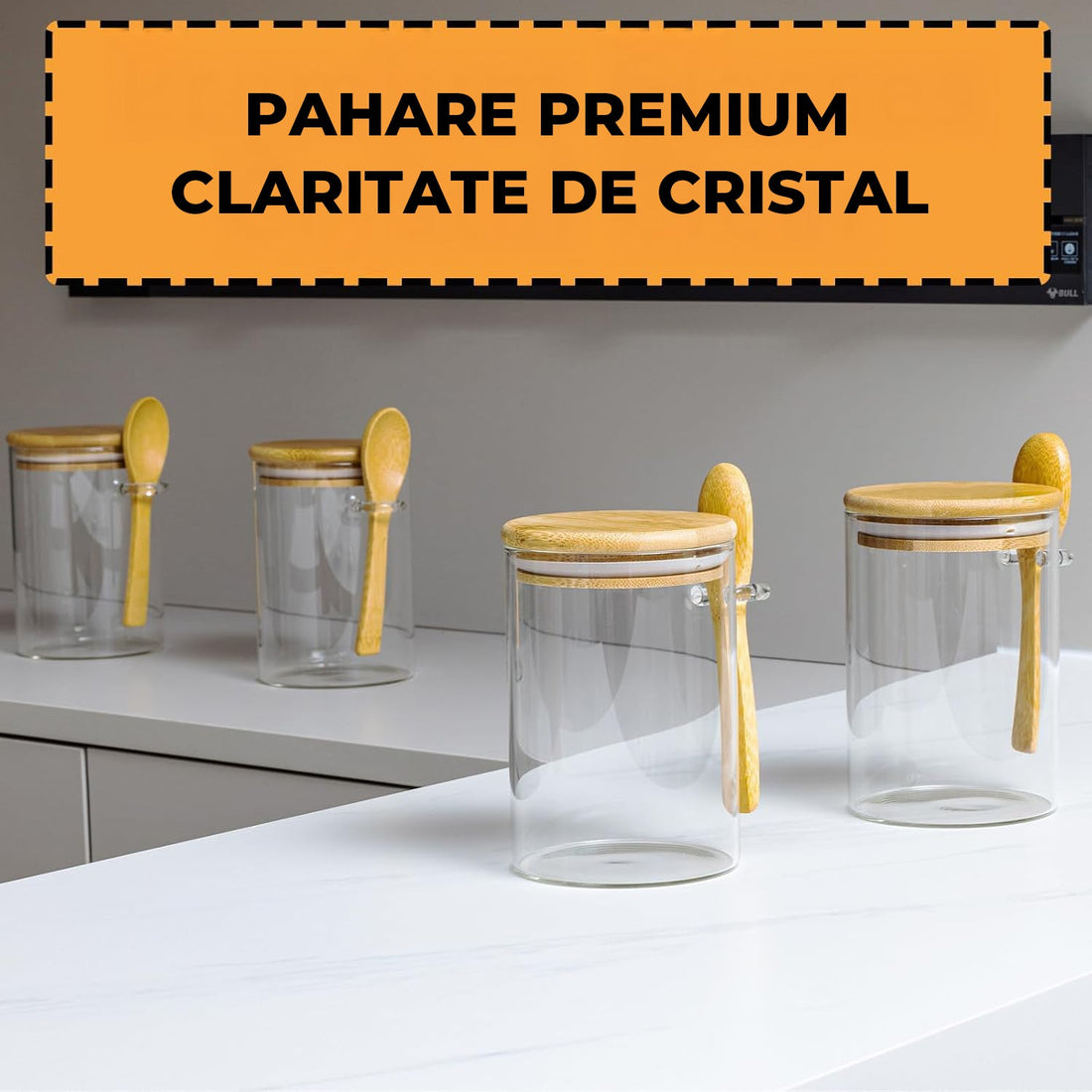 Set 4 Recipiente din Sticla Elindor®, Borcane cu Capac pentru Mic Dejun, Iaurt, Fulgi, Desert, Budinca, Gustari,  470 ml, Dimensiuni 8.5×8.5×12 cm, Transparent