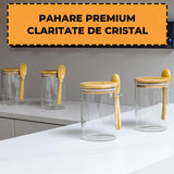 Set 4 Recipiente din Sticla Elindor®, Borcane cu Capac pentru Mic Dejun, Iaurt, Fulgi, Desert, Budinca, Gustari,  470 ml, Dimensiuni 8.5×8.5×12 cm, Transparent