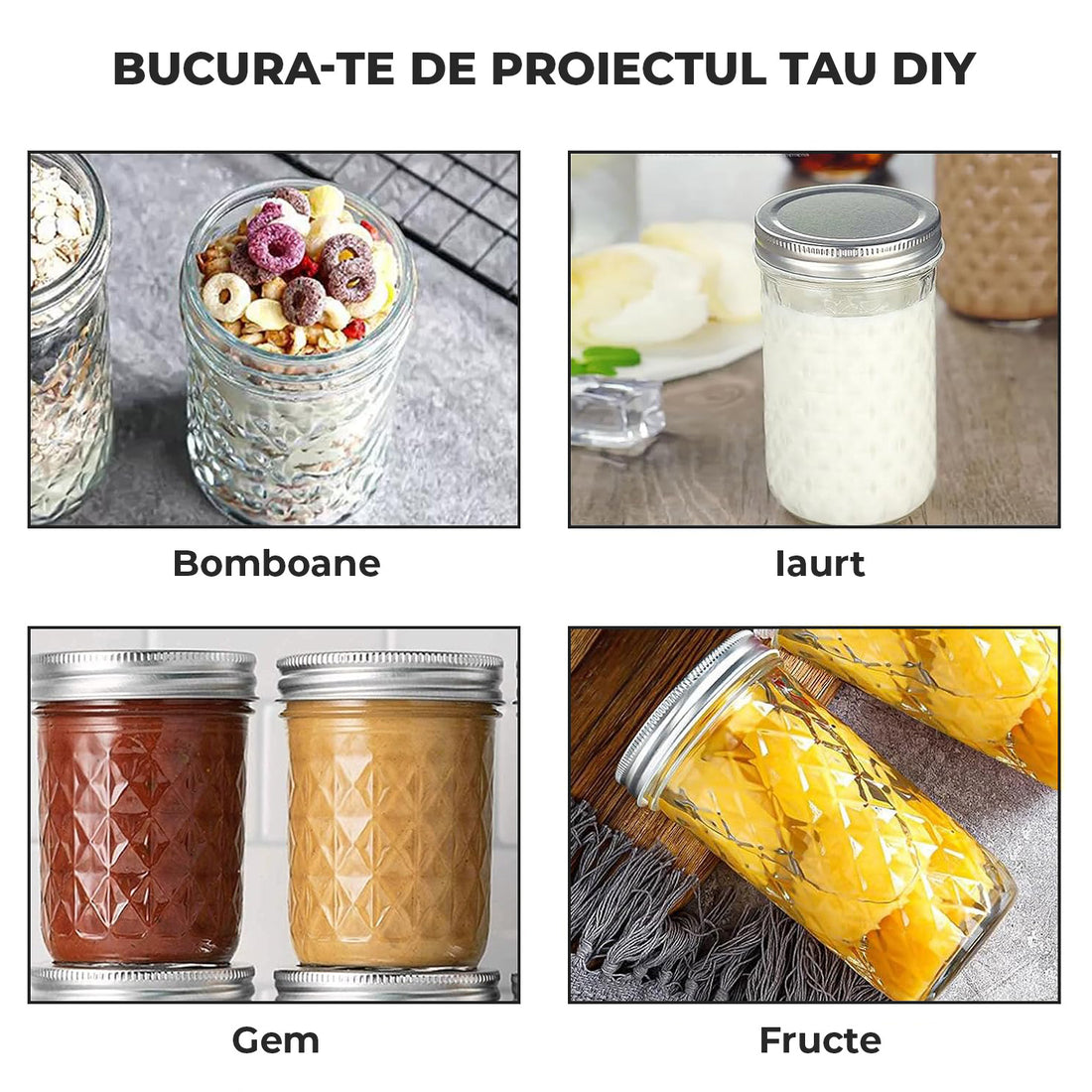 Set 6 Borcane din Sticla Elindor® cu Capac Ermetic, Borcan 240 ml Ideal pentru Miere, Dulceata, Condimente, Cafea, Zahar si pentru Fermentare Muraturi, Capace Metalice, Recipient Depozitare in Bucatarie, Transparent