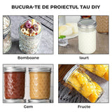 Set 6 Borcane din Sticla Elindor® cu Capac Ermetic, Borcan 240 ml Ideal pentru Miere, Dulceata, Condimente, Cafea, Zahar si pentru Fermentare Muraturi, Capace Metalice, Recipient Depozitare in Bucatarie, Transparent