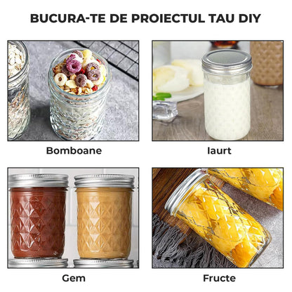 Set 6 Borcane din Sticla Elindor® cu Capac Ermetic, Borcan 240 ml Ideal pentru Miere, Dulceata, Condimente, Cafea, Zahar si pentru Fermentare Muraturi, Capace Metalice, Recipient Depozitare in Bucatarie, Transparent