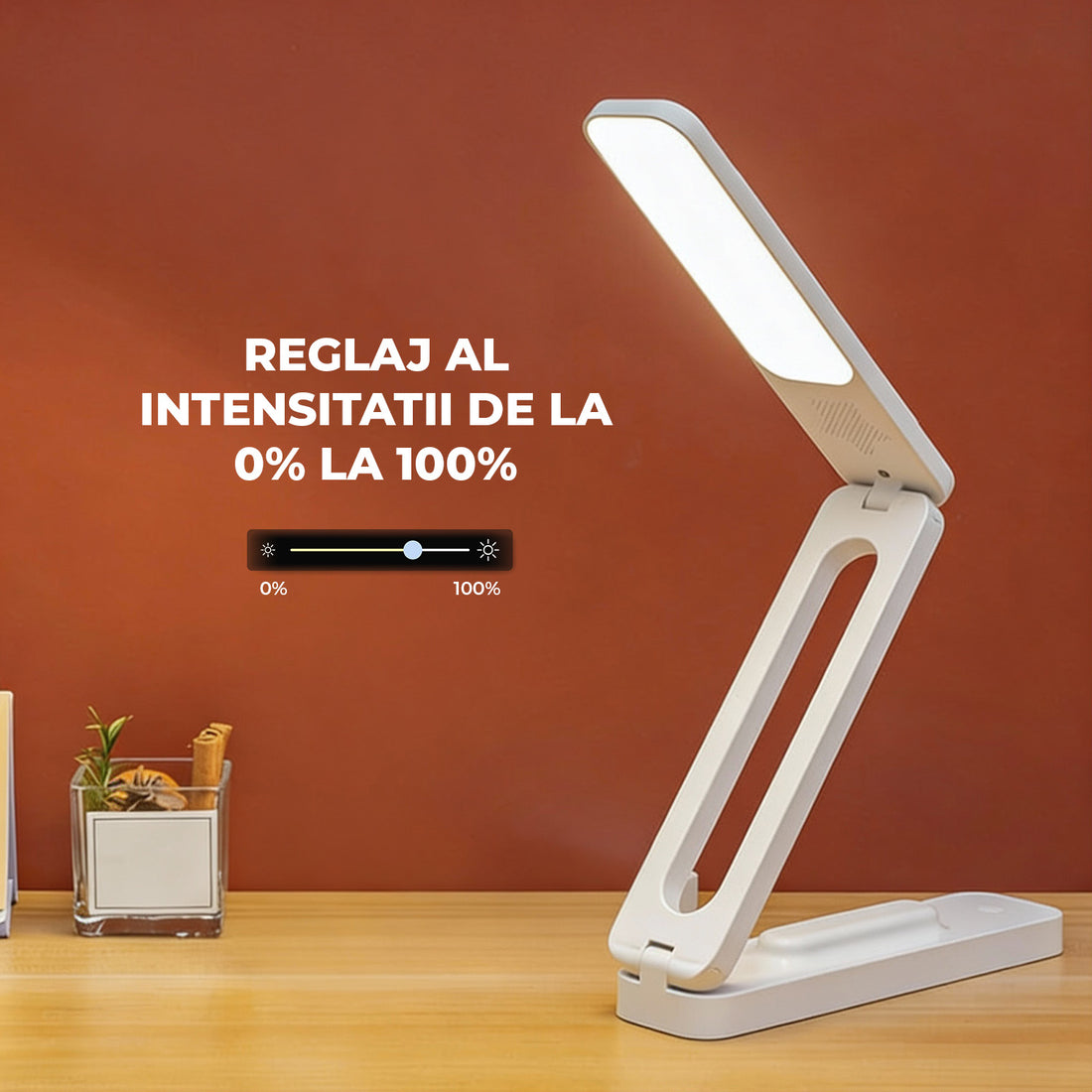 Lampa de Birou Elindor® Alba cu LED Integrat, Incarcare USB si cu Acumulator, 3 Moduri Lumina Camera Rece/Cald, Comanda prin Buton, Veioza Pliabila cu Brat Reglabil, Compacta si Portabila, pentru Birou, Dormitor, Hol, Living, 21 × 42 × 5 cm