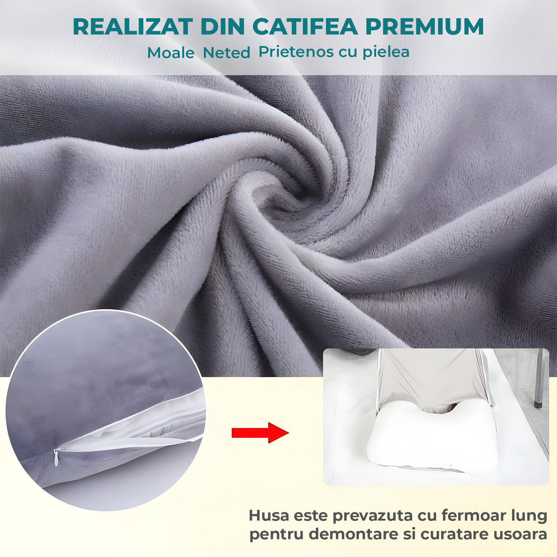 Perna Gravide si Alaptare Elindor®, Multifunctionala, Forma de U, Husa din Bumbac Satinat Detajabila, Lavabila, Suport Burta, Picioare, Cap, Gat, Spate, Ideala Pentru Formit Lateral, 2 kg, 79 x 152  cm, Gri