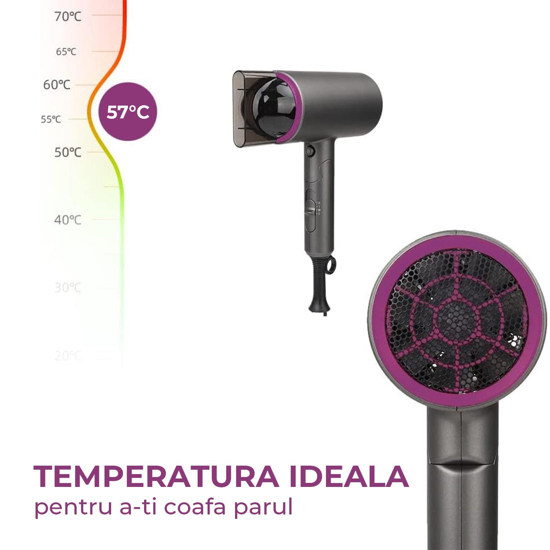 Uscator de Par Elindor®, 1800W, Tehnologie cu Ioni Negativi, 3 Trepte de Temperatura si Viteza, Jet de Aer Rece, 3 Duze pentru Coafare, Design Compact si Pliabil, Negru/Mov