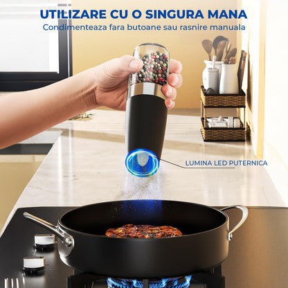 Set 2 Rasnite Electrice Elindor® Rasnita Electrica Led pentru Sare si Piper, Solnita si Pipernita din Sticla, Recipient Condimente cu Senzor Gravitational, Reglare Grosime Macinare, Operare cu o Mana, pentru Bucatarie, 135 ml, 20 x 6.3 cm, Transparent / N