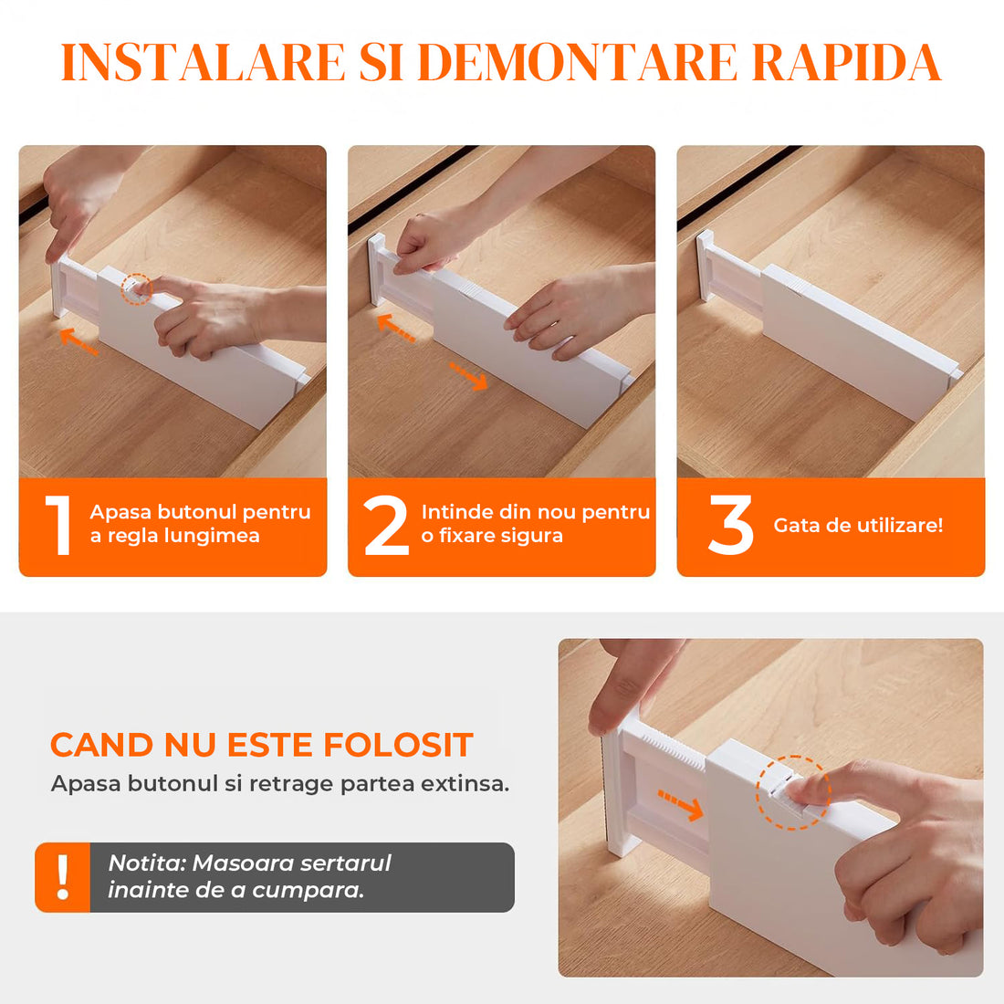 Set 5 Separatoare Extensibile Elindor® din Plastic pentru Sertar, Organizare Bucatarie, Birou, Dormitor, Baie, Organizatoare si Separatoare Sertare, Organizator Spatii Depozitare, Ajustabil si Extensibil de la 28 cm la 48 cm, Transparent
