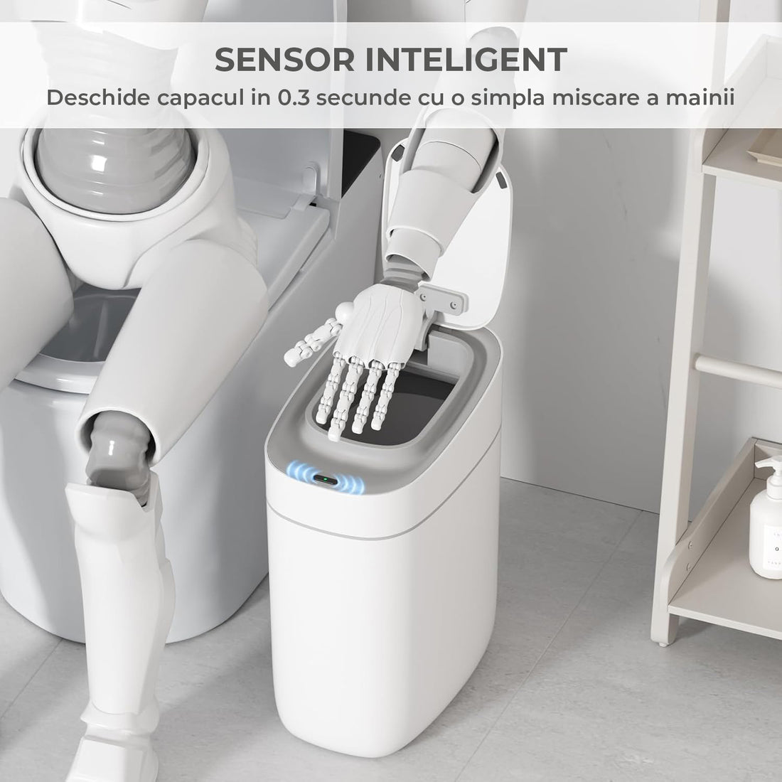 Cos de Gunoi cu Senzor Elindor® cu Capacitate 9.5l, Capac Inteligent Anti-Miros, Deschidere Silentioasa, Design Elegant, Subtire, Ideal pentru Baie, Bucatarie, Birou, Dormitor, Perfect pentru Colectare Deseuri, Rezistent la Apa IPX5 Alb