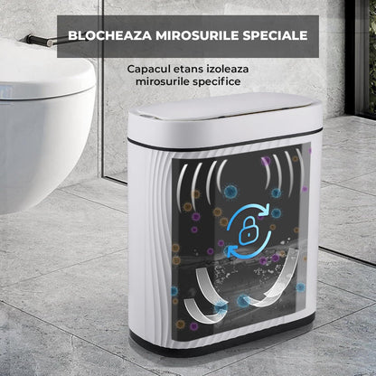 Cos de Gunoi cu Senzor Elindor® cu Capacitate 7.5l, Capac Inteligent Anti-Miros, Deschidere Silentioasa, Design Elegant, Subtire, Ideal pentru Baie, Bucatarie, Birou, Dormitor, Perfect pentru Colectare Deseuri, Rezistent la Apa IPX5 Alb / Negru
