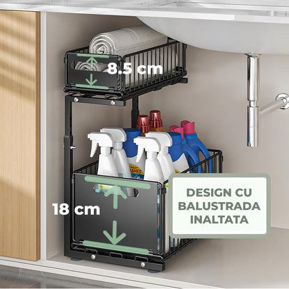 Organizator Elindor® cu 2 Nivele, Recipient de Depozitare Multifunctional si Glisant, Organizator pentru Dulapul de sub Chiuveta din Baie si Bucatarie, 38 × 26.5 × 41–48.5 cm, Negru