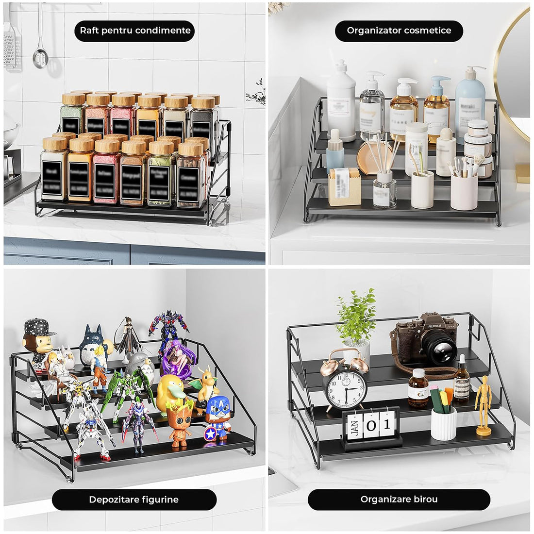 Organizator Condimente Elindor® pe 4 Niveluri, Suport Organizare, pe Blat sau in Dulap, sub Chiuveta, Suport Metalic, pentru Bucatarie, Baie, Camara, Bar, Raft cu Sertare Depozitare Condimente, 25.5 × 34 × 16 cm, Negru