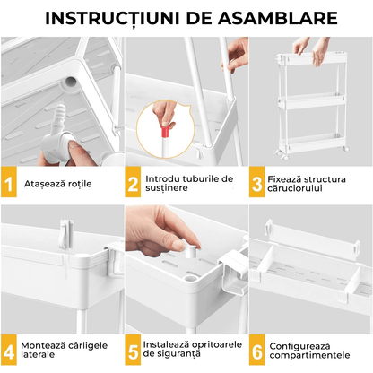 Carucior de Depozitare Slim Elindor®, Organizare, 3 Niveluri, Carlige pentru Chei, Organizator Multifunctional pentru Baie, Birou, Bucatarie, Spalatorie, Locuri Inguste, ABS, Alb