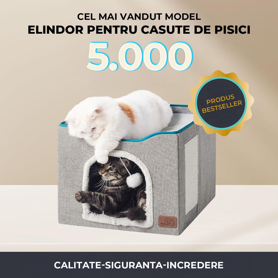Pat pentru Pisici si Caini Elindor®, Culcus cu Interior Pliabil, Cu Baza Detasabila, Perna Confortabila, Jucarie Agatata, Zona de Ascutit Gheare, Ascunzatoare pentru Odihna si Joaca, 42×42×33 cm, Gri