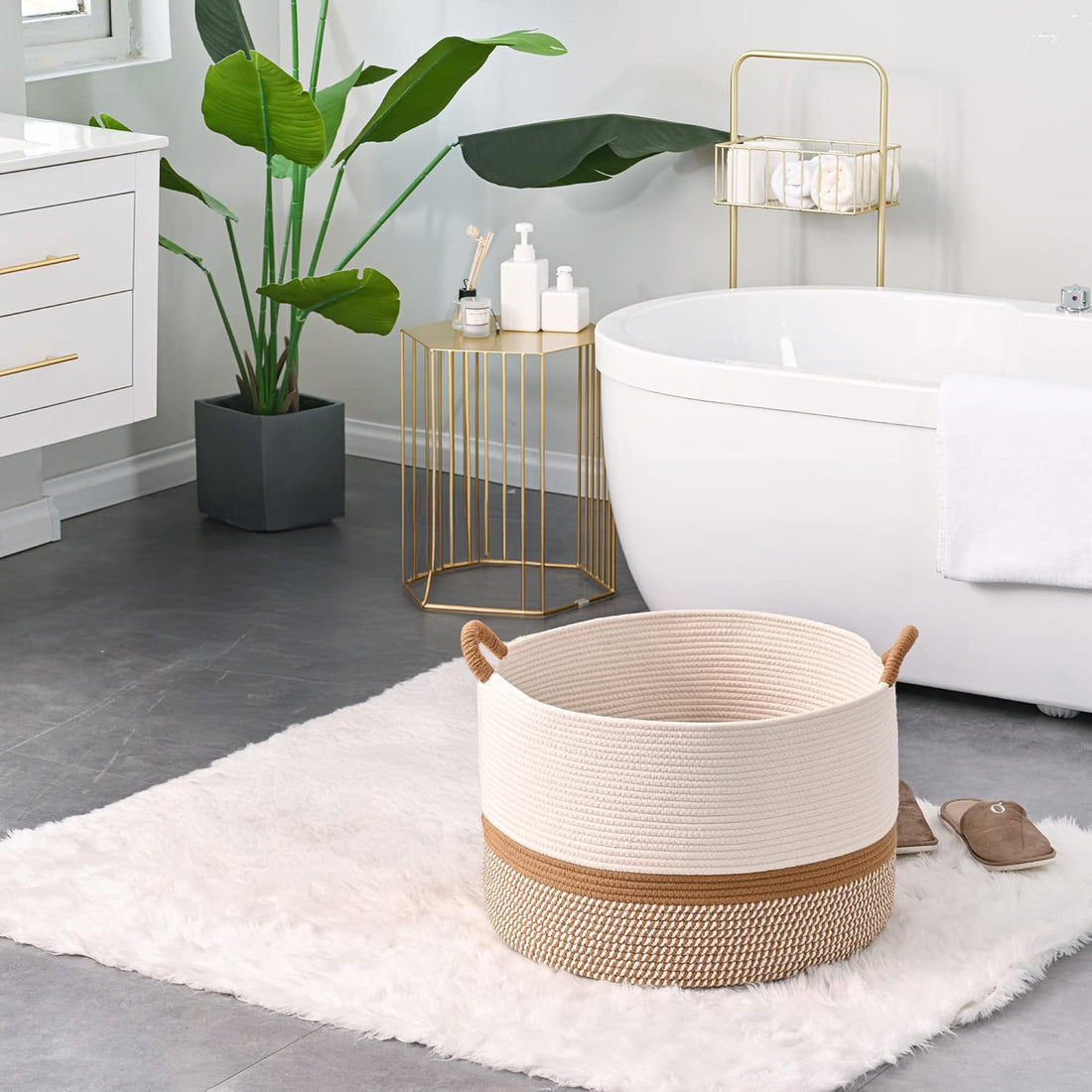 Cos de Rufe Elindor® Ideal pentru Haine Murdare, Jucarii, Diverse Obiecte, Recipient Sortare Rotund de 65 L, pentru Casa, Baie, Living, Hol, Camera Copiilor sau Hotel, 50×50×33 cm., Impletit din Franghie din Bumbac, Alb / Maro