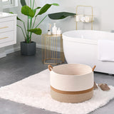 Cos de Rufe Elindor® Ideal pentru Haine Murdare, Jucarii, Diverse Obiecte, Recipient Sortare Rotund de 65 L, pentru Casa, Baie, Living, Hol, Camera Copiilor sau Hotel, 50×50×33 cm., Impletit din Franghie din Bumbac, Alb / Maro