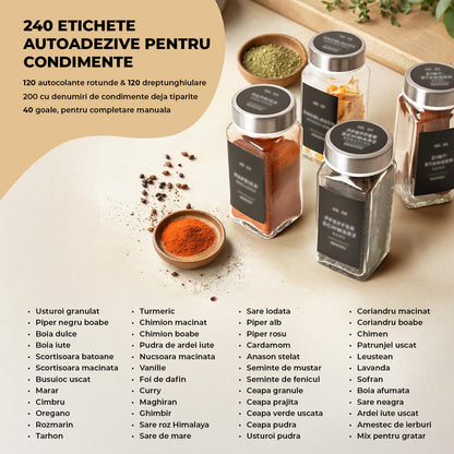 Set 24 Recipiente Condimente Elindor® din Sticla cu Capac din Inox, cu Sita, Organizator Bucatarie, Organizatoare Sertar, Borcane 120 ml, 2 Tipuri de Etichete si Palnie Metalica Accesorii Depozitare, Transparent