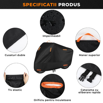 Husa Motocicleta Neagra Pliabila Elindor® Marime XL pentru Exterior, Rezistenta la Ploaie, Vant, Zapada si Praf, Prindere Sigura, Material Durabil Oxford, Potrivit pentru Scuter si Motor, Usor de Intretinut, Protectie Totala, Accesorii Moto
