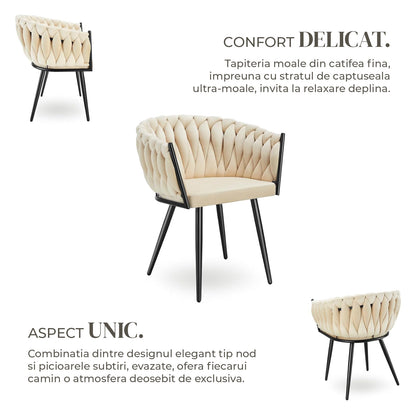 Set 2 Scaune Elindor® Ergonomice, Tip Scoica, Design Contemporan, Scaun cu Spatar si cu Manere, din Catifea cu Picioare Metalice Aurii, Potrivite pentru Living, Bucatarie, Birou, Dormitor, Latime Sezut 44 cm, 71 x 50 x 45 cm, Bej