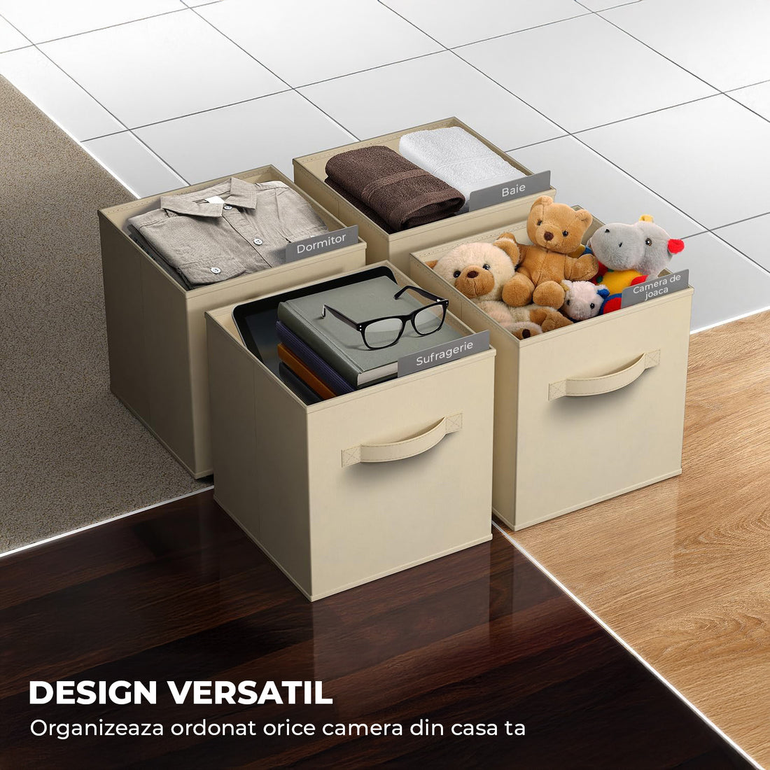 Set 6 Cutii Depozitare Elindor® Pliabile, Tip Sertar, Organizator pentru Dormitor Studentesc, Organizatoare pentru Dulap, Cutie Organizare, Cos Multifunctional, Separator Haine, Paturi, Jucarii, Pentru Dormitor, Living, 26.5 x 26.5 x 28 cm, Bej