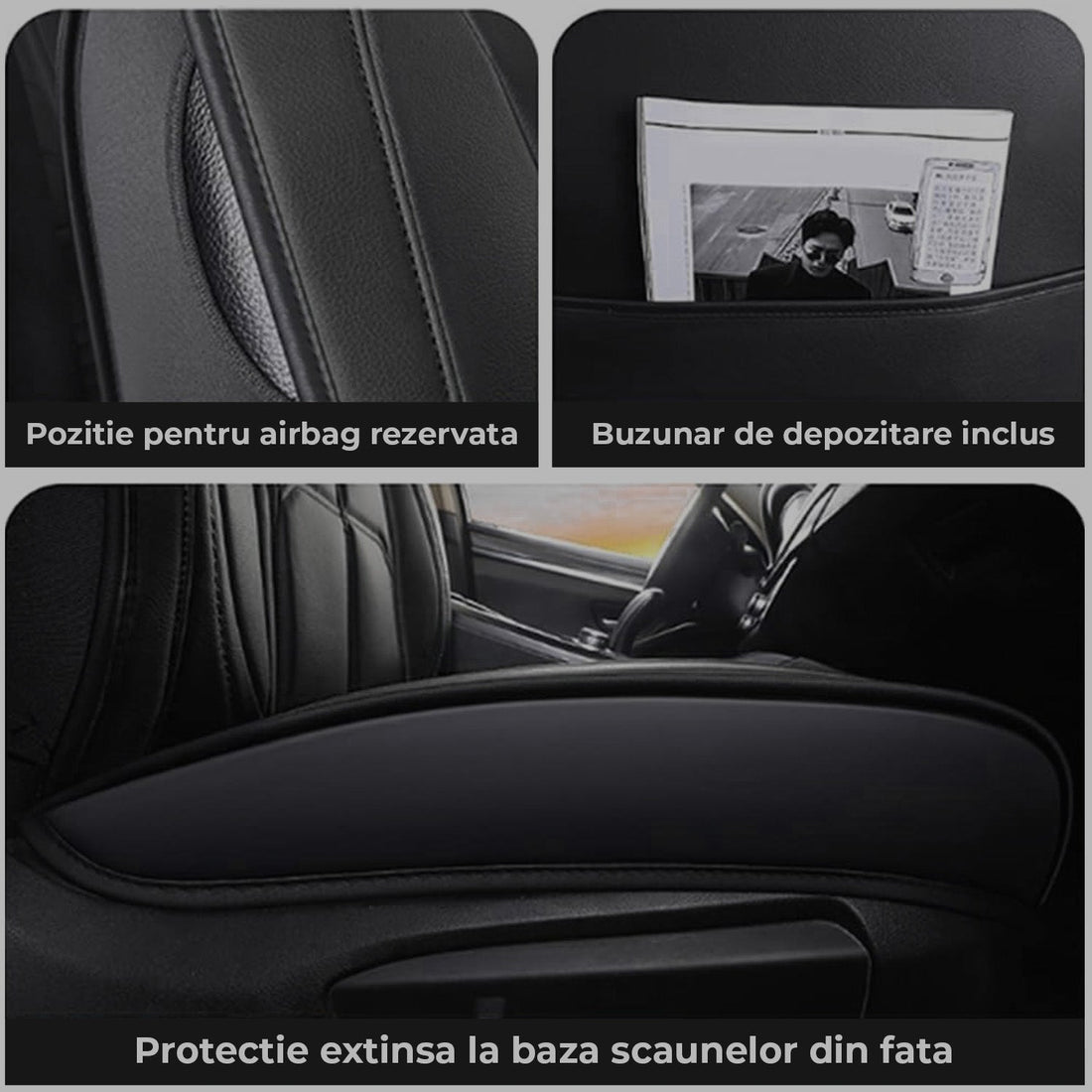 Set 5 Huse Negre Scaune de Masina Elindor®, Huse Auto Piele, Impermeabile, Universale, Protectie Scaun Fata si Spate, Montaj Rapid, Accesorii Masina Interior
