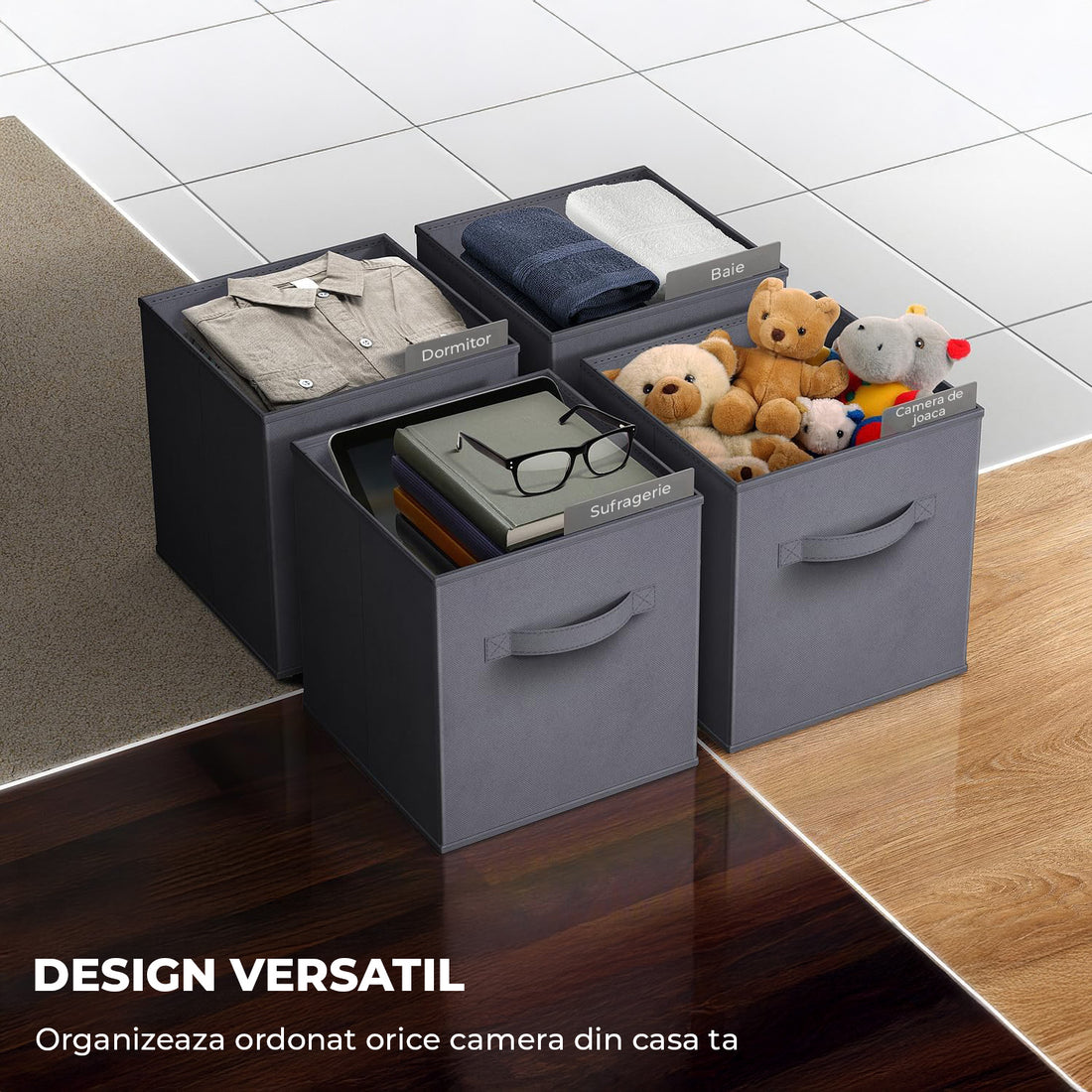 Set 6 Cutii Depozitare Elindor® Pliabile, Tip Sertar, Organizator pentru Dormitor Studentesc, Organizatoare pentru Dulap, Cutie Organizare, Cos Multifunctional, Separator Haine, Paturi, Jucarii, Pentru Dormitor, Living, 26.5 x 26.5 x 28 cm, Gri