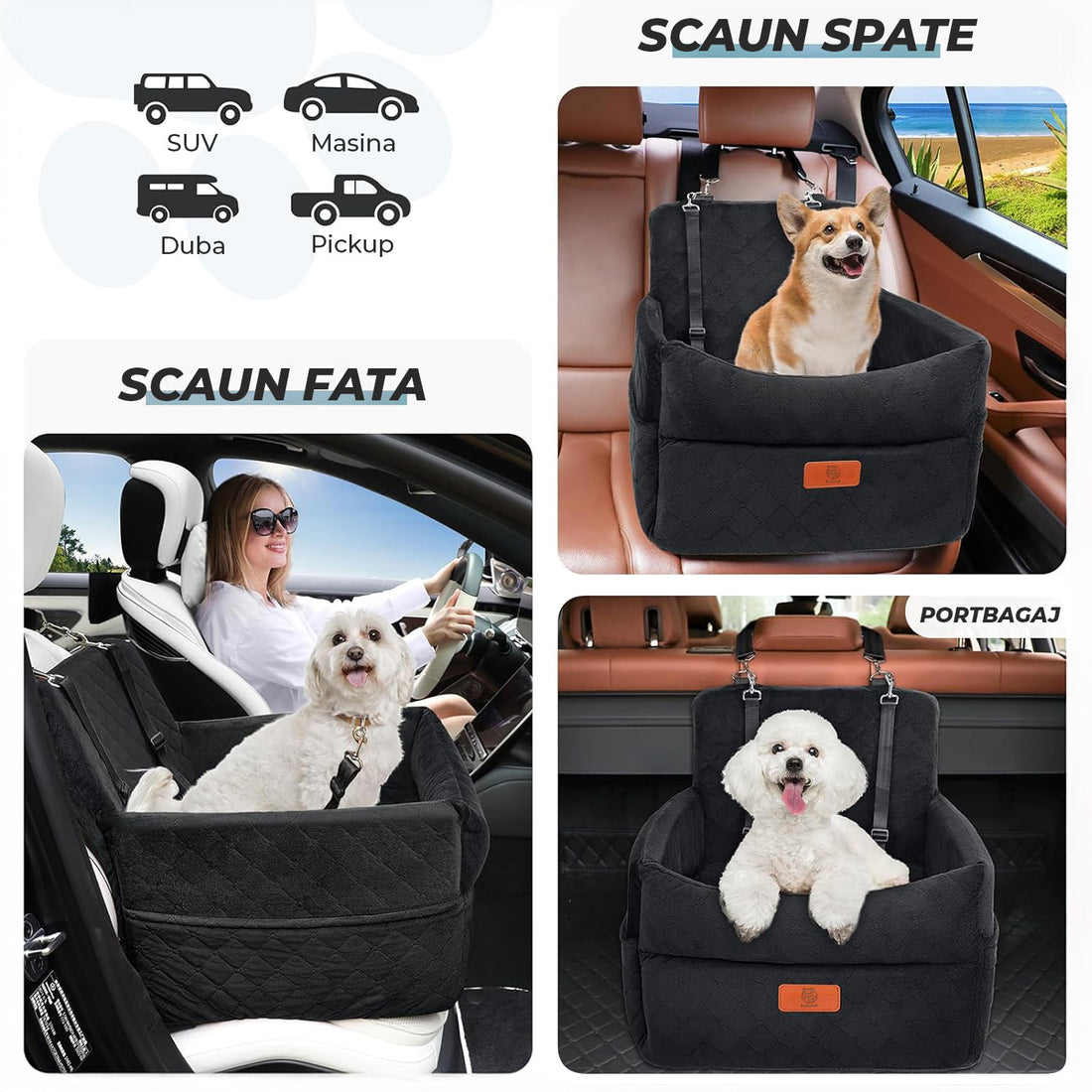 Scaun Auto Elindor® pentru Transport Animale, Caini si Pisici, Talie Mica si Medie, Protectie Scaun Sezut / Spatar, Ofera Protectie Pentru Bancheta Spate Masina Taxi/Ride Sharing, Impermeabila, Antialunecare, 52.6 x 52.6 x 48 cm, Negru