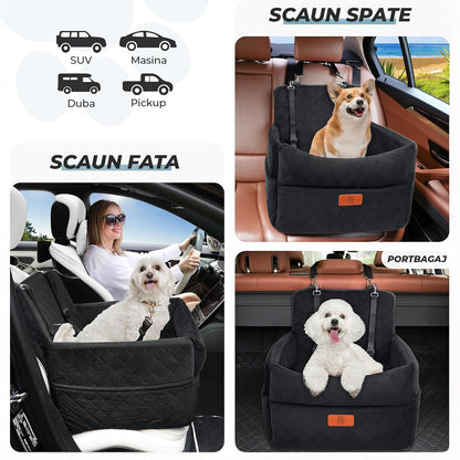 Scaun Auto Elindor® pentru Transport Animale, Caini si Pisici, Talie Mica si Medie, Protectie Scaun Sezut / Spatar, Ofera Protectie Pentru Bancheta Spate Masina Taxi/Ride Sharing, Impermeabila, Antialunecare, 52.6 x 52.6 x 48 cm, Negru